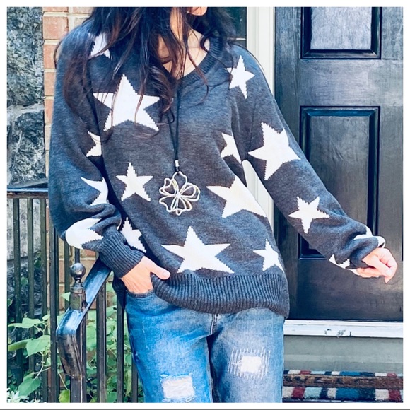 FALL MUST HAVE CHARCOAL GREY V NECK STAR SWEATER - Picture 8 of 9